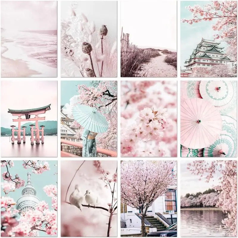 

CHENISTORY 5d Diamond Painting Pink Scenery Diy Full Square/Round Diamond Embroidery Mosaic Home Decoration Artwork