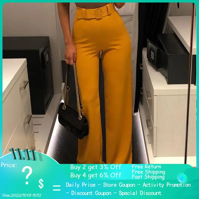 

Брюки женские весенние желтые, черные, красные, широкие, с высокой талией, 2021