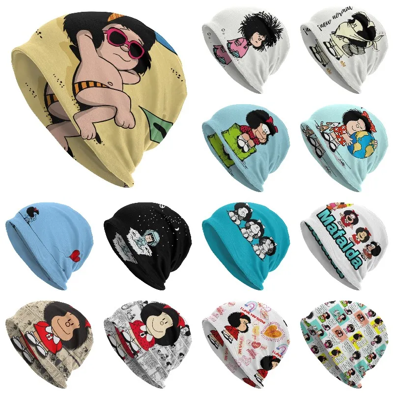 

Забавная шапочка Mafalda, шапка унисекс, зимняя теплая шапочка, мужская вязаная шапка, уличные комиксные шапочки, облегающие шапки