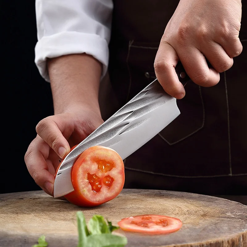 Фото 7,5-дюймовый нож Santoku, профессиональные ножи из высокоуглеродистой стали, кухонные ножи для нарезки мяса, овощей, японский ручной работы, ручная ковка №3