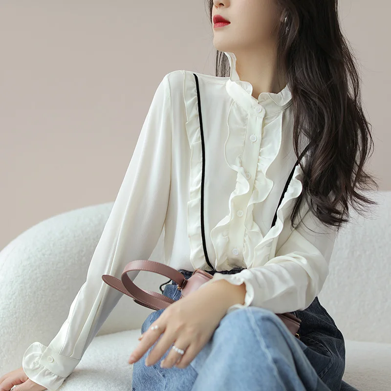 

Satin Shirt for Women Summer 2023 New In Silid Blouses Long Sleeve Slim Fit Top Casual Ruffle O-neck Fashion Non Strech