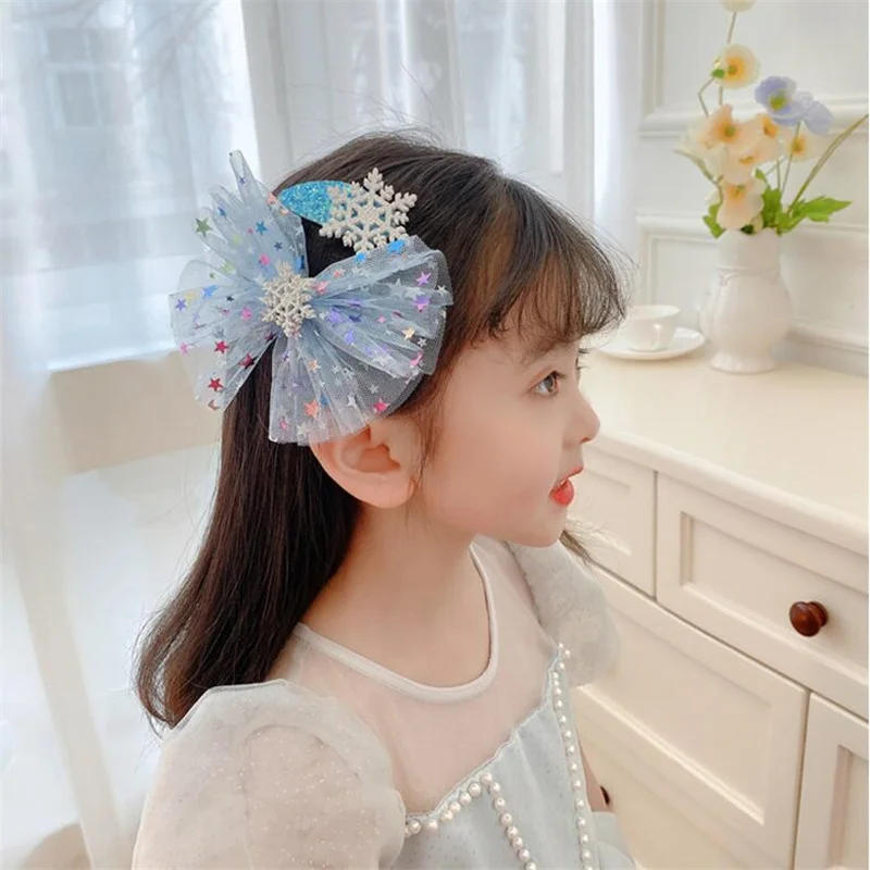 

5Pcs/Lot Girls Hair Accessories Snow Flower Hair Clip Bows Snowflake Hairpin Mesh Yarn Fairy Barrettes Cute Children Headdress