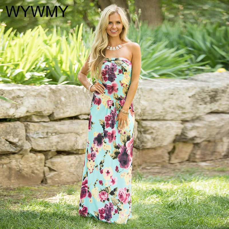 WYWMY Maxi Dress for Women Floral Printed Breast Wrap Dress Sexy Print Long Dress 2022 Summer Holiday Beach Dresses