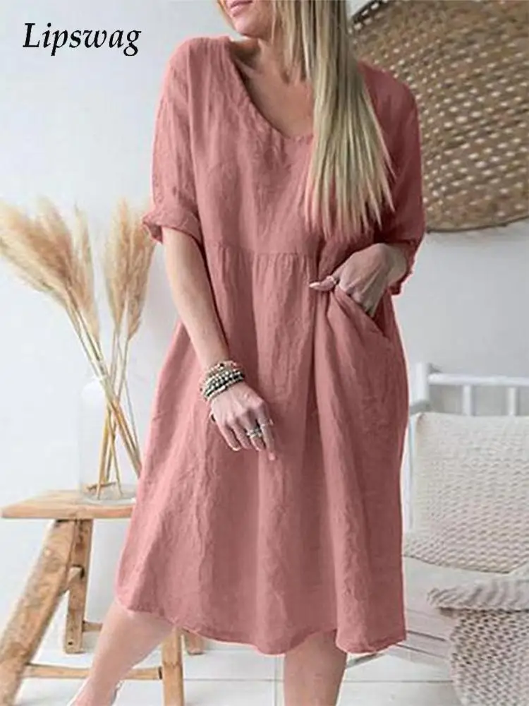 

Платье женское хлопково-льняное с V-образным вырезом и рукавом три четверти