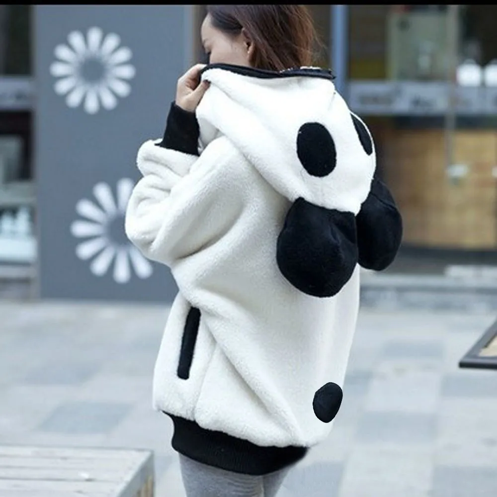 

Kawaii Cute Bear Ear Panda Women Coats Autumn Winter Warm Plush Hooded Coat White Casual Bear Jacket Outerwear Overcoat Student