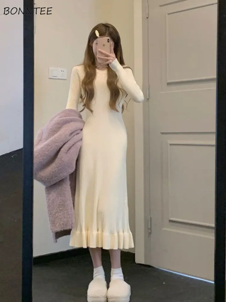 

Long Sleeve Trumpet Midi Dress Women Knitted O-neck Slim Ruffles Designed Elegant Office Ladies Simple All-match New Chic Trendy