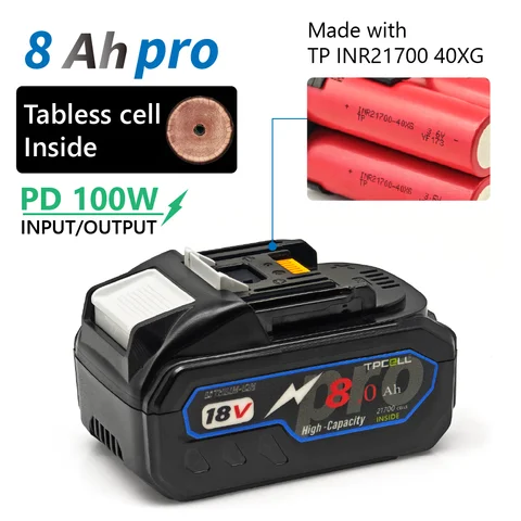 TPCELL 8/10 Ач PD100W 18 В 21700 ячеек с разъемом USB-C для электроинструментов MKT 18 В, литий-ионная замена LXT BL1850 BL1840