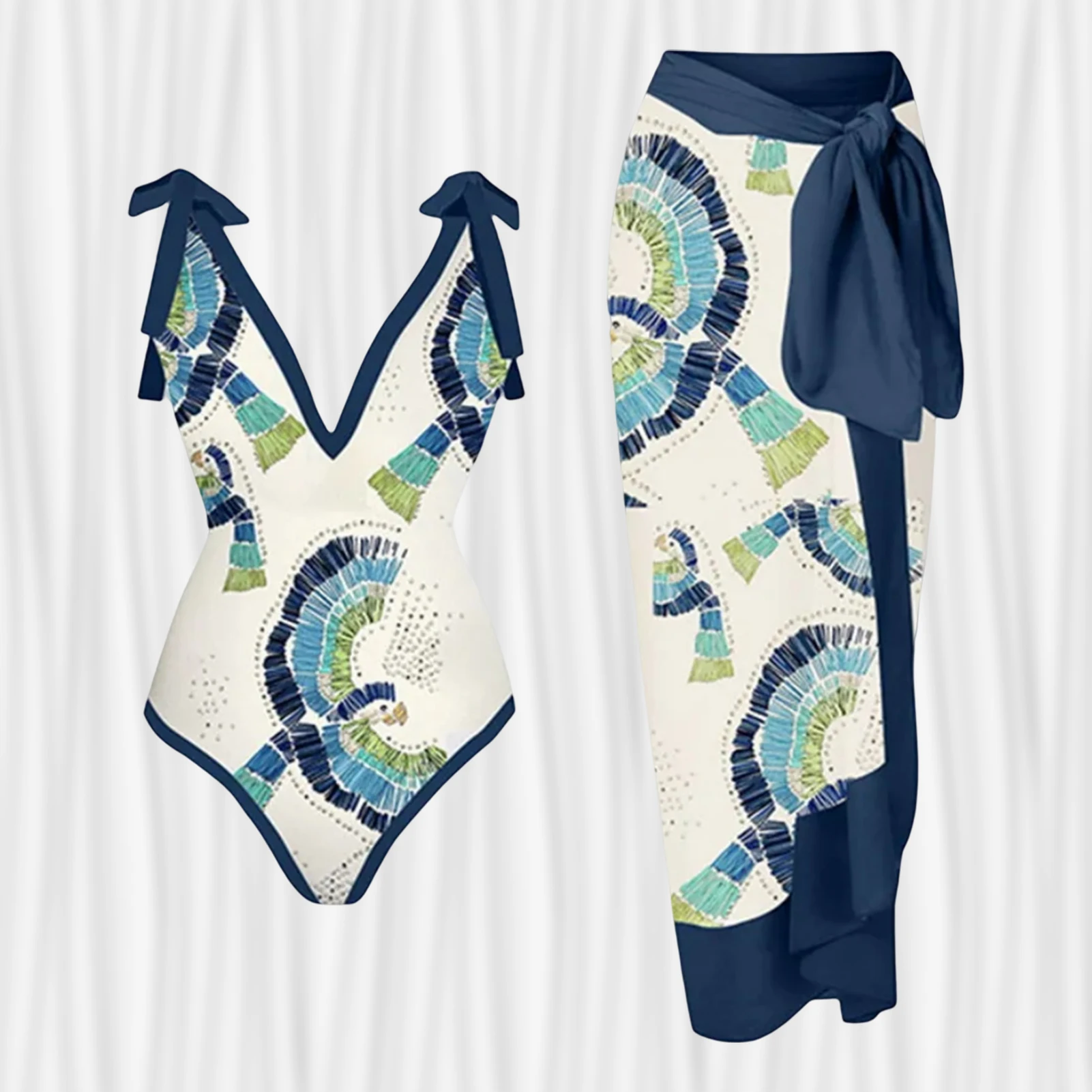 

Women One Piece Swimsuit Floral Print Two Piece Swimwear High Waisted Girls Soft Monokini with Beach Cover Up Wrap Skirt Sarong