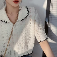 french retro short sleeve knitted cardigan hollow out tops womens slim pullovers 2022 autumn new fairy grunge sweaters cover up
