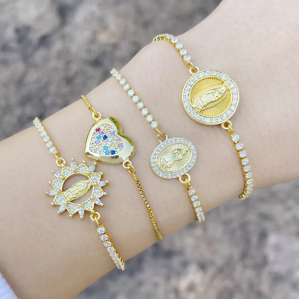 

FLOLA Gold Plated Virgin Mary Bracelets for Women Copper Zircon Round Charms Rainbow Heart Bracelets Religious Jewelry brtf73