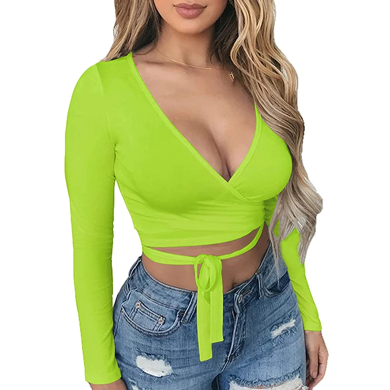 

Модные Клубные вечерние женские сексуальные короткие топы неоново-зеленые бандажные футболки на шнуровке хлопковые короткие Джемперы Фут...