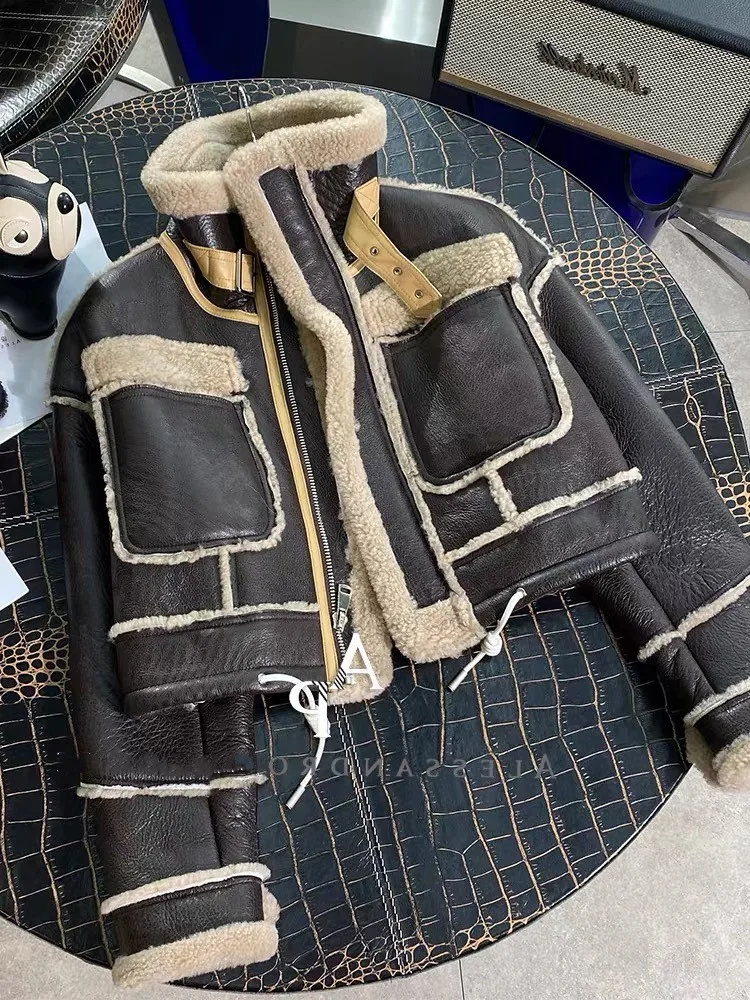 

Пальто из австралийской овечьей шерсти и меха, зимнее короткое пальто из искусственного меха, модная женская мотоциклетная куртка с воротн...