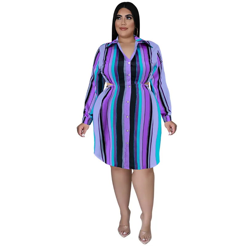 Plus Size Dress Turn-down Collar Stripe Long Sleeve Shirt Knee-length Elegant Dresses for Women Party Dresses Office Lady Full