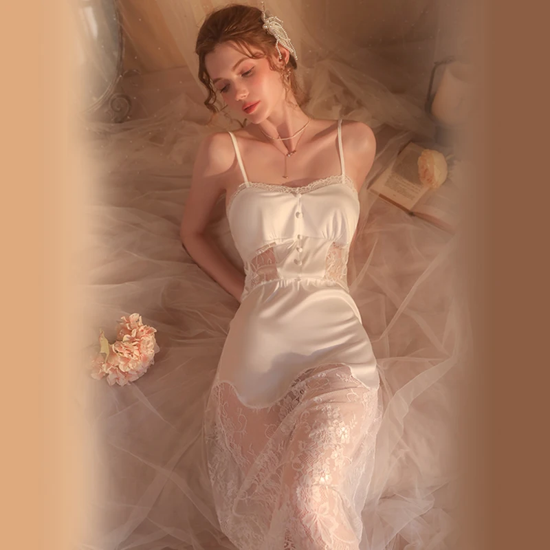 Sexy Mousse 2022 Women Sweet and Comfortable Nightgown Lace Mesh Perspective Sling Nightdress Lace-Up Robe Women's Homewear Set