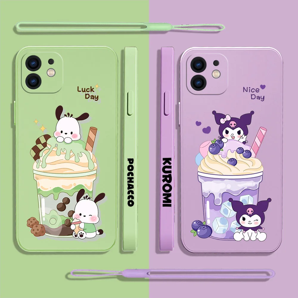 

Sanrio Kuromi Pochacco Phone Case For iPhone 14 13 12 11 Pro Max Mini X XR XS MAX SE20 8 7 Plus Silicone Cases with Hand Strap