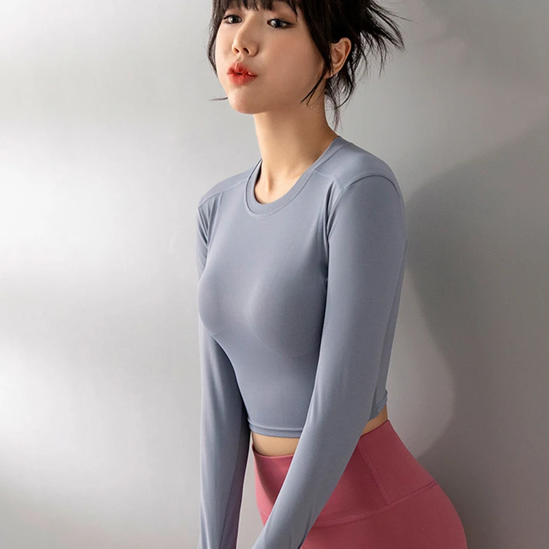 

Women Yoga Top Long Sleeve Tight Slim Crop Top Fashionable Running Fitness Sportswear Clothes Super Stretchy Elastic Undershirt