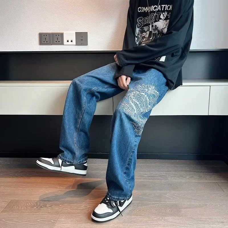 Blue Embroidered Jeans Men's Fashion Blue Casual Baggy Jeans Men Streetwear Hip Hop Loose Straight Denim Pants Mens Trousers