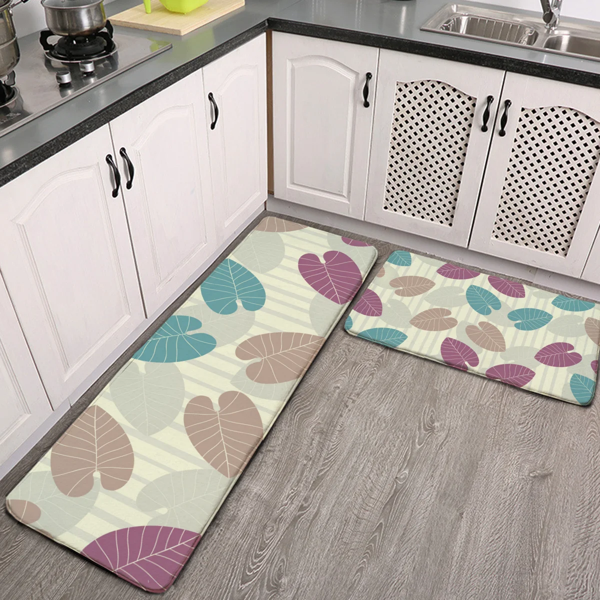 

Kitchen Mat Set of 2 Tropical Leaves Beige Striped Anti Fatigue Waterproof Cushioned Soft Kitchen Rugs Non-Slip Comfort Floor Ma