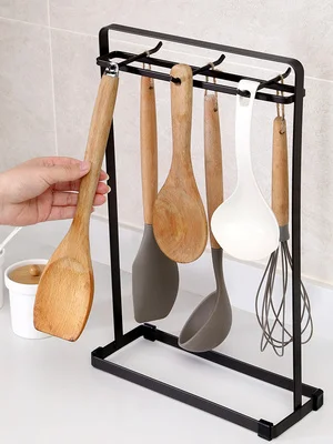 

Spatula spoon storage rack 6 hook New Hanging Kitchen Utensil Box Hot Rag Storage rack with Water pans Broom Hanger iron Rack