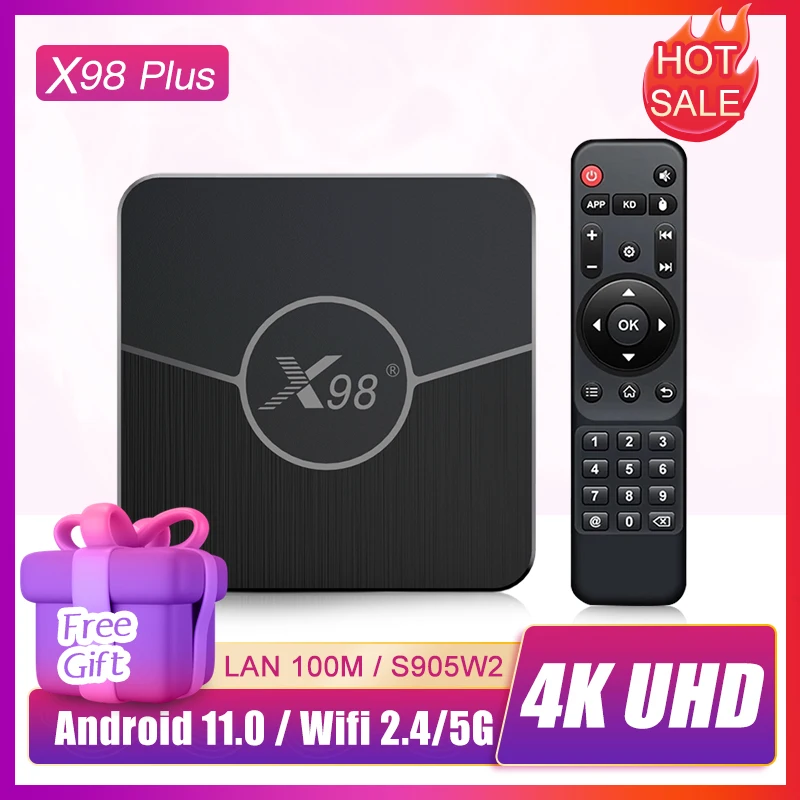 

Приставка Смарт-ТВ X98 PLUS, Android 11,0, 2 + 16 ГБ, 2,4 ГГц, Wi-Fi, Amlogic S905W2, 4K