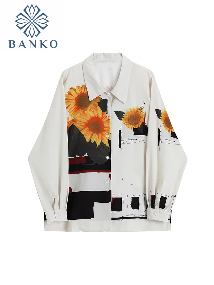 Sun Flower Print New Women Shirts Casual Long Sleeve Oversize Spring Autumn Tops Vintage Fashion All-Match Button Ladies Blouse
