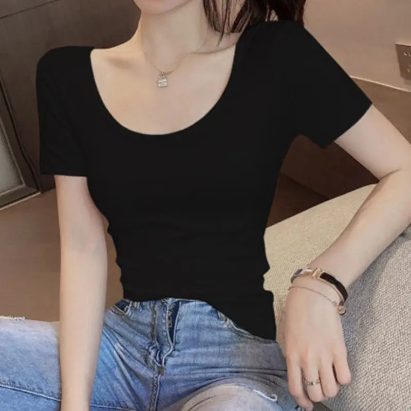 

Summer Femme Sexy Solid Shirt T-shirt Top Skinny Woman Tee V-neck Kpop Tshirt Sleeve Short Low Korean Slim Cut Clothes Women