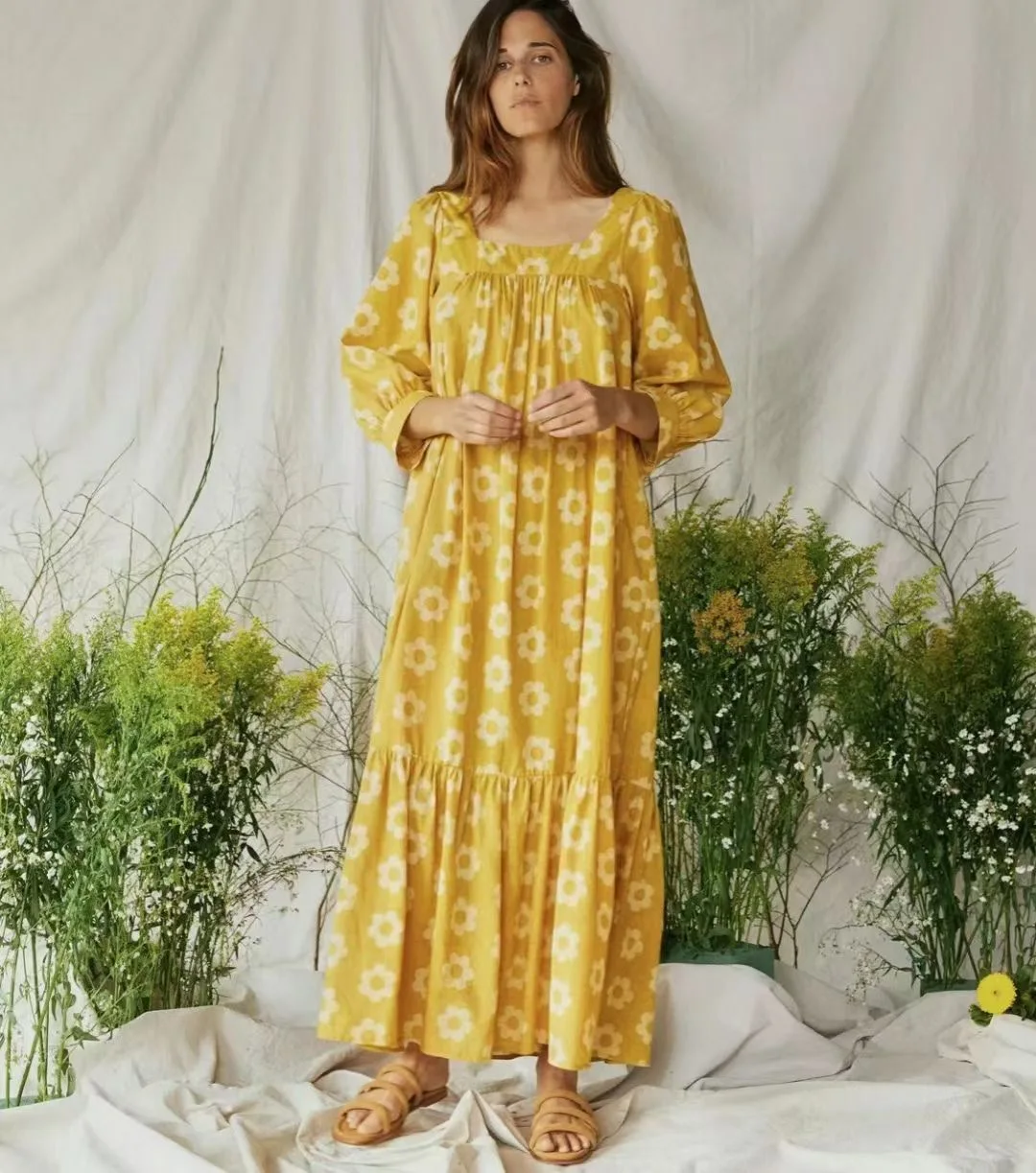 2023 New Yellow Sunflower Print Square Collar Organic Cotton Lace Up Long Loose Dress Women
