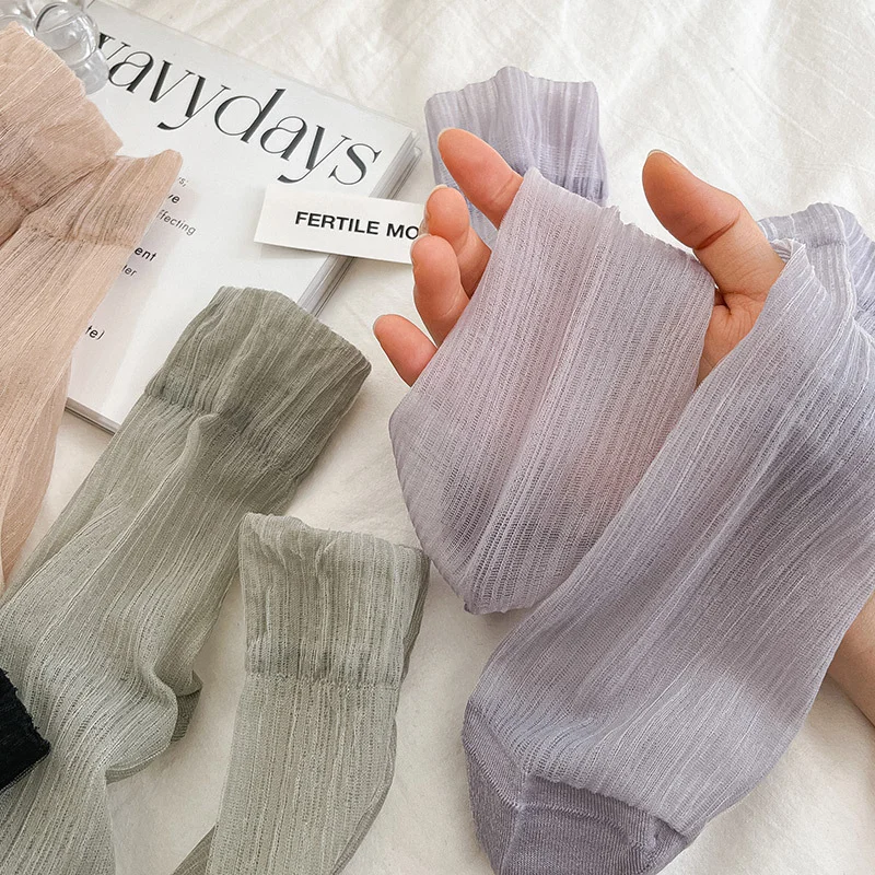 Summer Ultra-thin Silk Socks Women Anti-hook Silk Solid Breathable Crystal Invisible Socks Harajuku Designer Mid-tube Socks