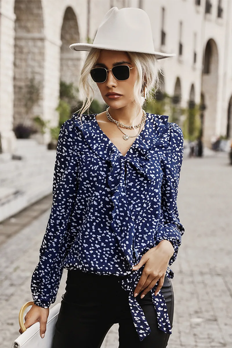 

Women New Spring Vintage Leopard Print V-Neck Long Lantern Sleeve Stringy Selvedge Shirt Fashion Design Side Lace Up Top