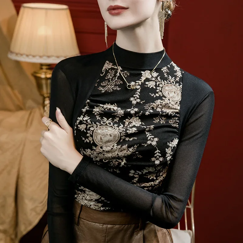 

Женские футболки с длинным рукавом, винтажные Плиссированные Топы с длинным рукавом, сетчатые топы с полувысоким воротником, облегающие футболки для осени и зимы