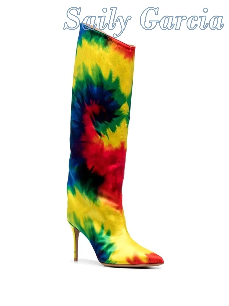 Tie Dye Newest High Heel  Personality Boots Pointed Toe Street Style Colorful 2022 Winter Ladies Fashion Trend Sexy Women Shoes