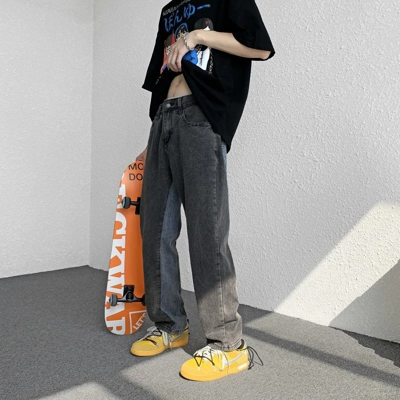 

Джинсы мужские комбинированные контрастных цветов, свободные универсальные повседневные брюки с вареными широкими штанинами, трендовые прямые джинсовые штаны в стиле хип-хоп, на все сезоны