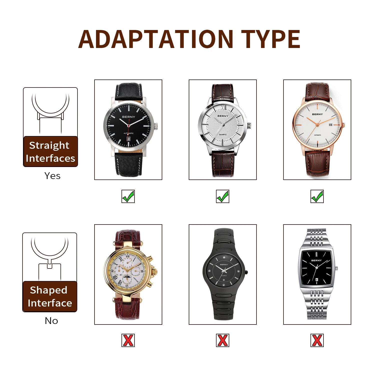 Watchband Quick Release Top Genuine Brown Leather Strap Square Steel Buckle Width Marked 20mm 22mm Waterpoof Папружка Band