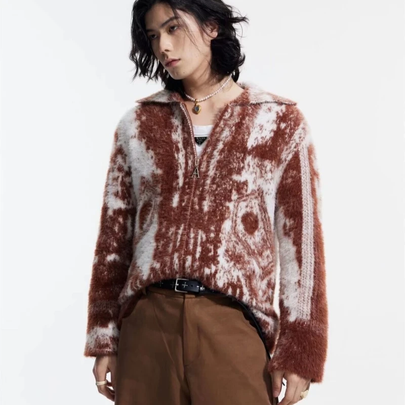 Мужской окрашенный плюшевый кардиган в японском стиле Харадзюку модный свитер