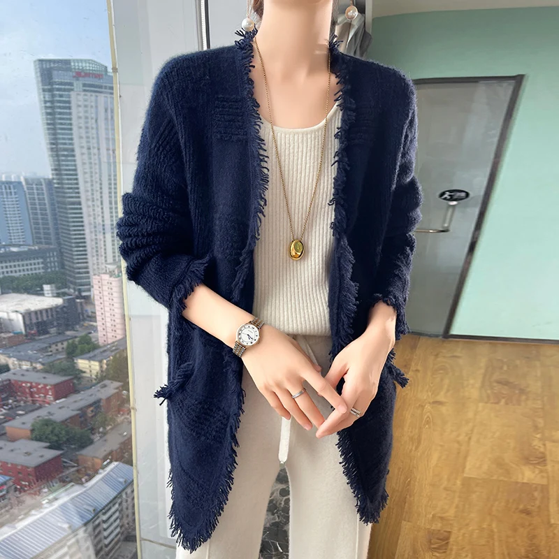 Повседневный свободный кашемировый вязаный женский кардиган свитер с V-образным