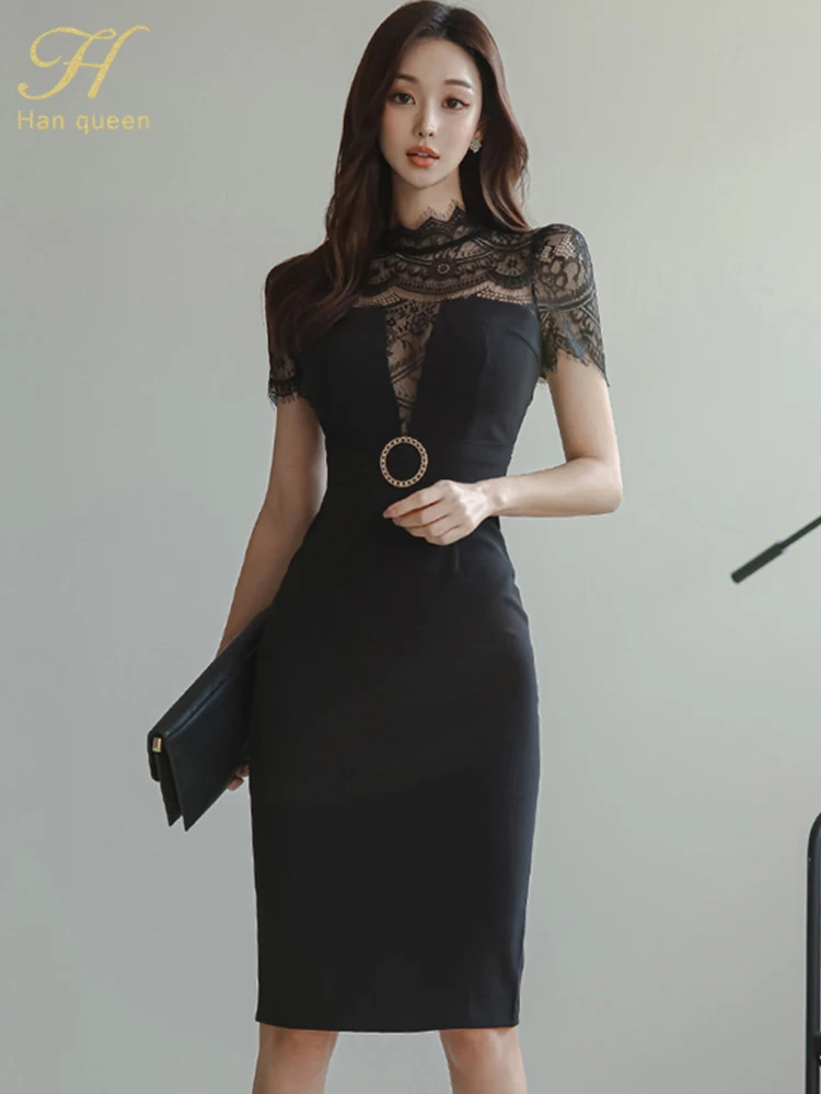 

Женское кружевное платье в стиле пэчворк H Han Queen, элегантное облегающее платье-футляр в Корейском стиле, простые платья-карандаш для весны и лета 2022