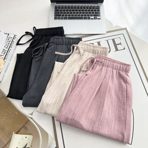 Новые летние широкие брюки больших размеров, женская одежда, 100 кг, простые и тонкие прямые повседневные длинные брюки из ледяного шелка 8579