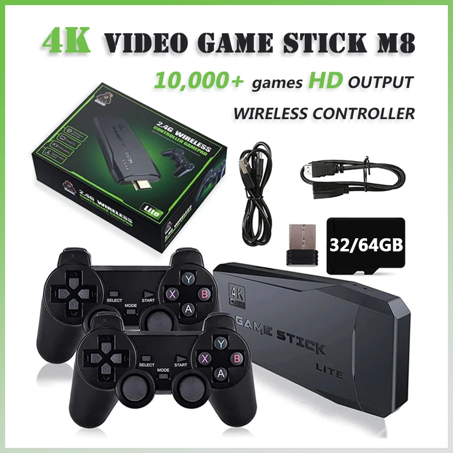 Video Game Sticks M8 Console 2.4G Double Wireless Controller Game Stick 4K 10000 games 64GB Retro games For PS1 GBA Dropshipping