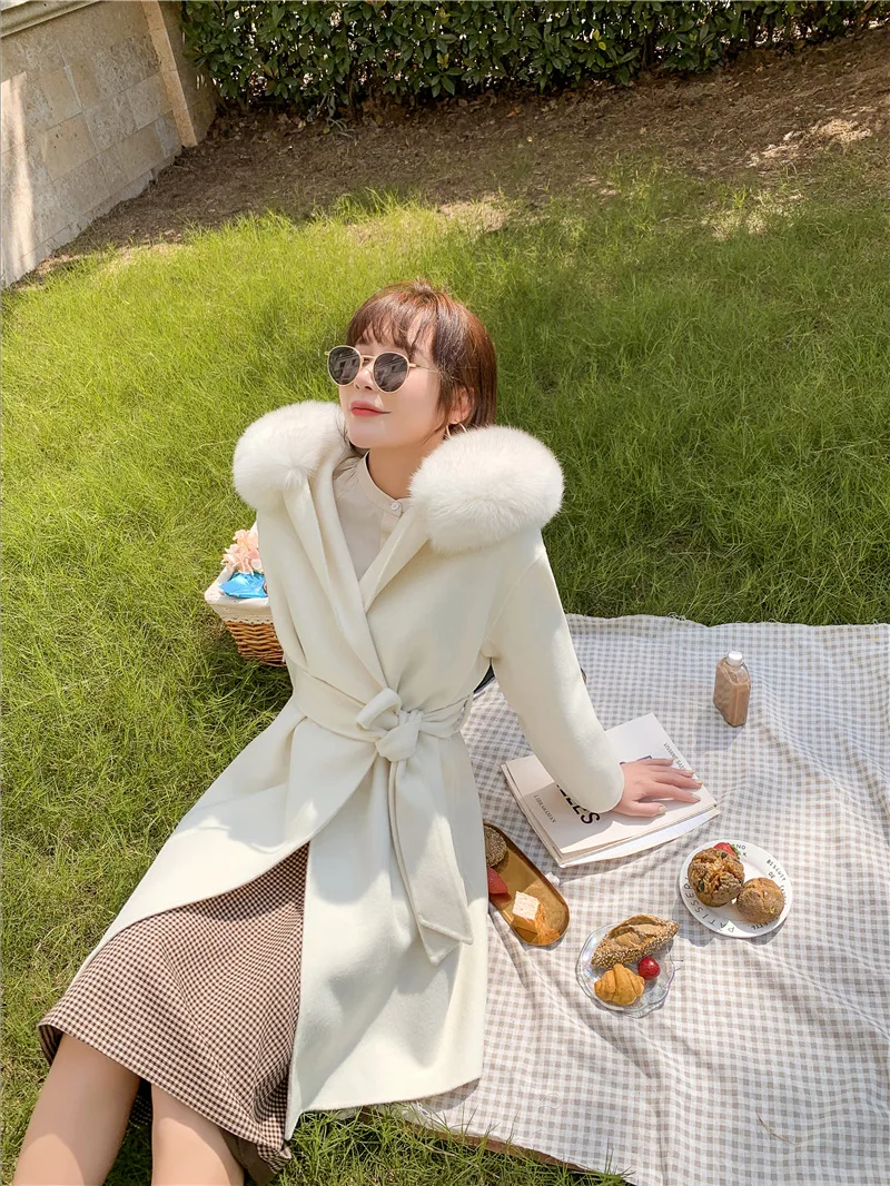 New Winter Women Real Fur Coat 100% Cashmere Jacket Long Natural Fox Fur Collar Fashion Streetwear Female Overcoat