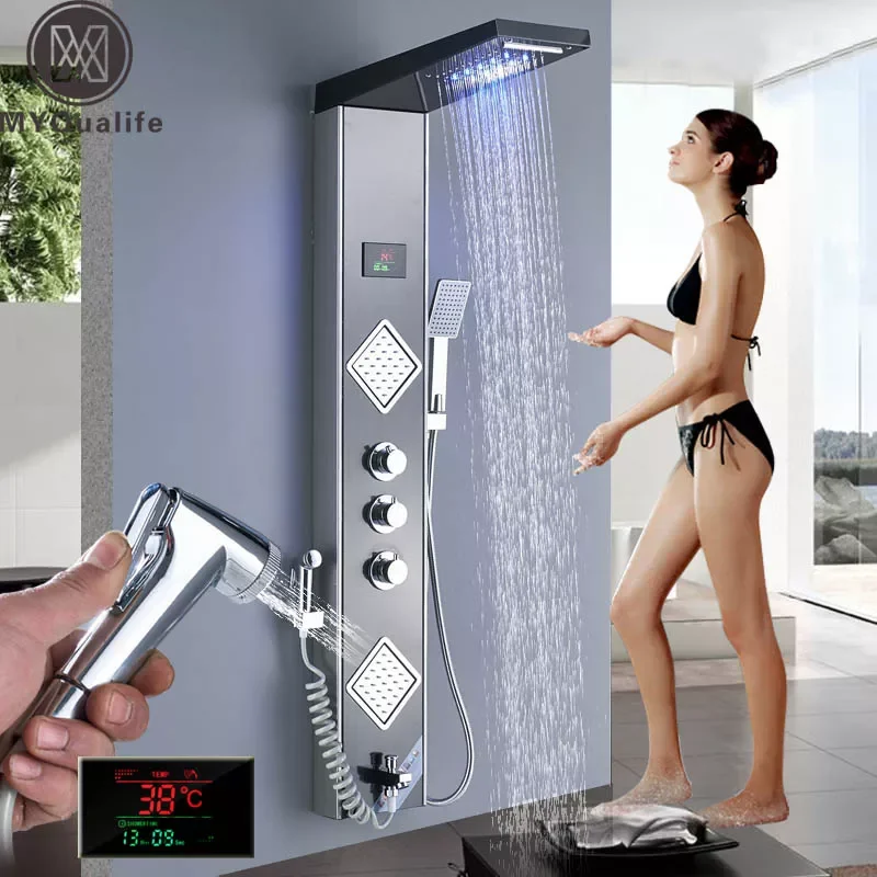 

Rain Waterfall LED Shower Panel Black Shower Column Tower Digital Screen TEMP 3 Handle Mixer Tap Spray Bidet Shower Mixer Faucet