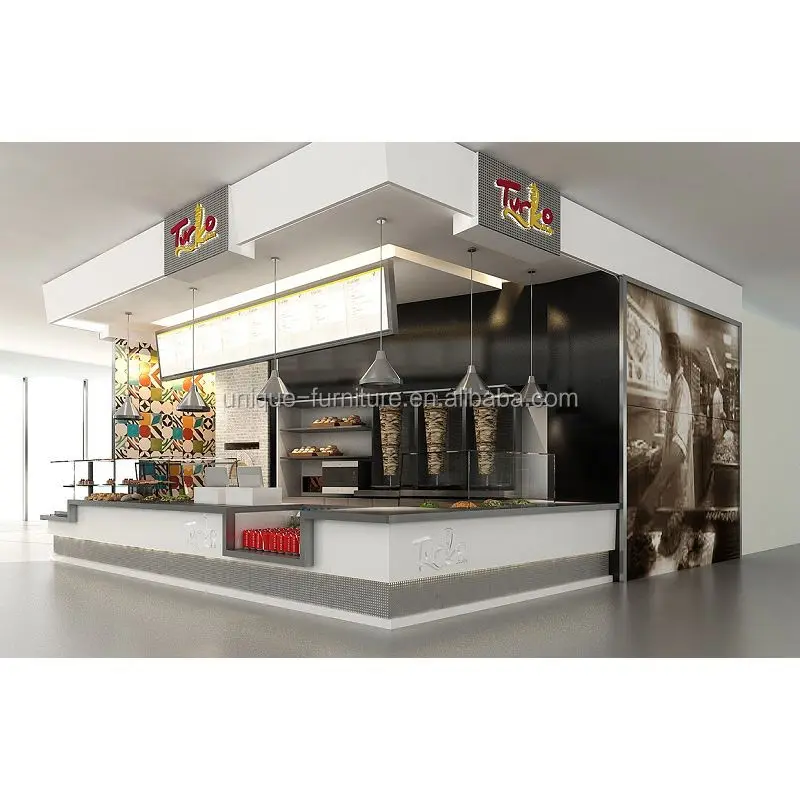 

New Design Coffee Shop Furniture Popular Fast Food Store Furniture Cafe Booth Decoration Drink Counter with Top Ceiling for Sale