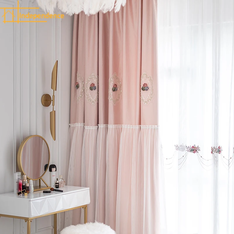 

French Double-layer Three-dimensional Embroidery Lace Gauze Curtains for Pink Curtain Living Room Bedroom French Window