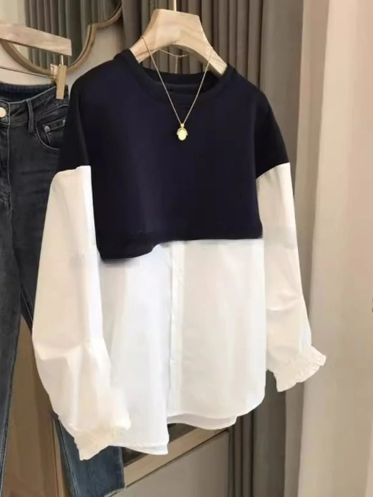 Большие размеры 50 00 кг европейские товары поддельные лоскутные рубашки из двух