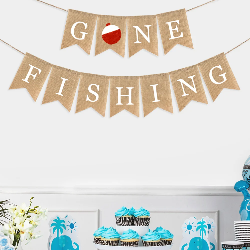 

1 Pc Burlap Banner Gone Fishing Themed Flag Party Garland for Birthday Summer Party Banquet