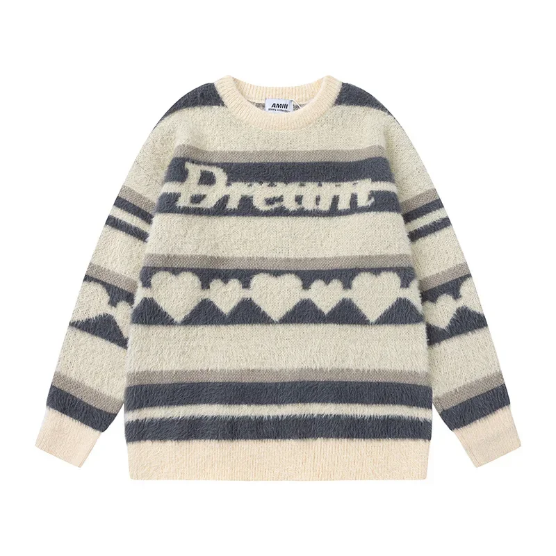 Винтажный полосатый свитер с круглым вырезом на флисовой подкладке в форме