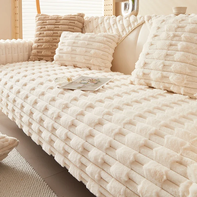 

Winter Thick Sofa Cover Rabbit Fur Solid Sofa Towel Non-slip Warm Slipcovers Plush Soft Cushions Throw Pillowcase