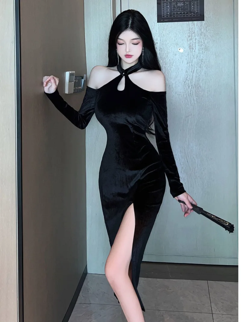 

Новинка Весна 2023, соблазнительное модифицированное платье-Ципао в китайском стиле с открытыми плечами и разрезом, бархатное платье средней длины, женская одежда SGW2