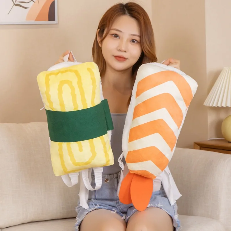 

Kawaii Plush Fried Egg&Shrimp Backpack Creative Food Japanese Sushi Soft Stuffed Plush Toy Children's School Bag Coin Purse Bags