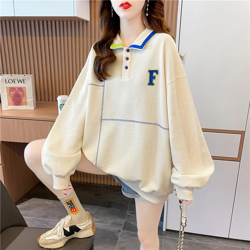 

Loose Thin Lapel Polo Shirt Top Coat Women's Spring Autumn Korean Version Tide Design Sense Niche Waffle Sweater Comfort Leisure