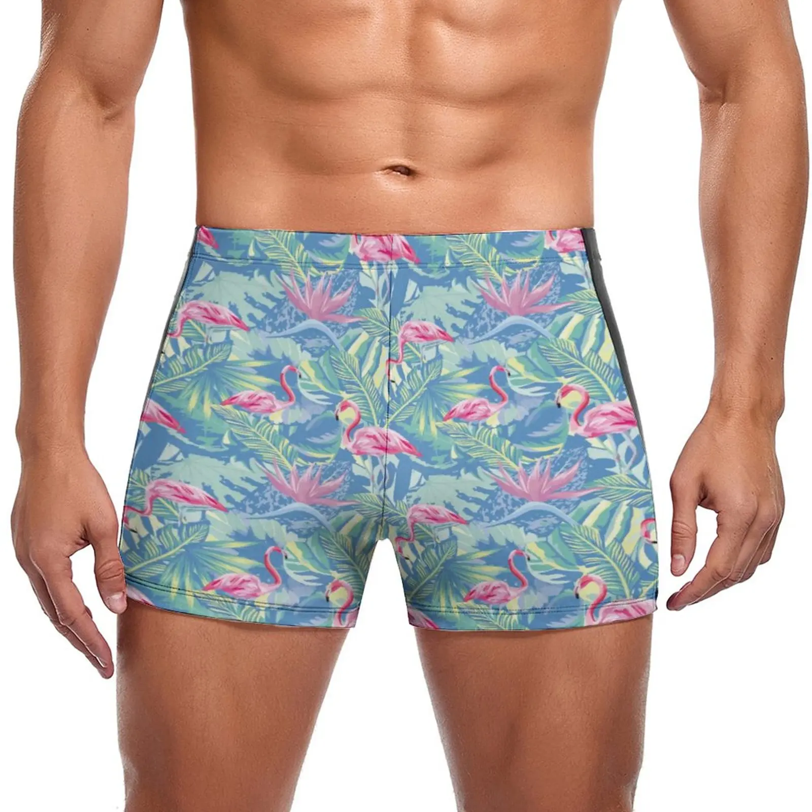 

Watercolor Palm Leaves Swimming Trunks Tropical Pink Blue Flamingo Custom Stay-in-Shape Swim Boxers Pool Large Size Men Swimsuit